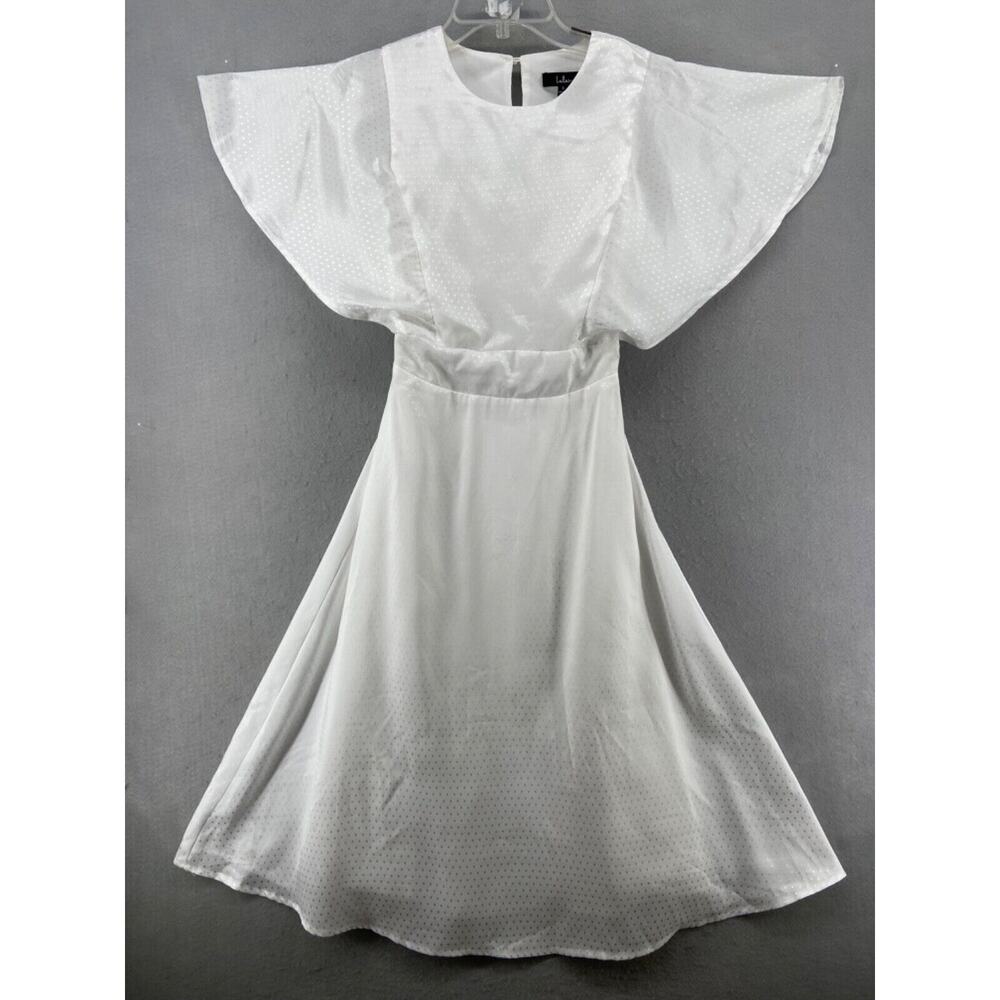 Lulus Dress Womens Sz Small White Swiss Dot Flutter Sleeve Midi Cut Out Back‎